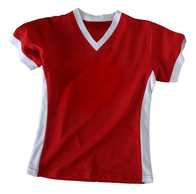 Червона футболка, вставки білі, пошив