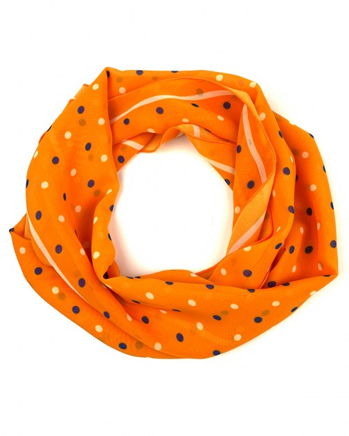 Шарф шифоновый с логотипом в фирменных цветах компании. Шарф оранжевый в белый и синий горошек